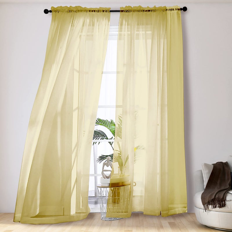 OVZME Mustard Yellow Sheer Curtains 108 Inches Long, Light Filtering Airy Transparent Lightweight Voile Rod Pocket Window Curtains for Bedroom, Living Room, W42 x L108, Set of 2 Drape Panels - Image 1